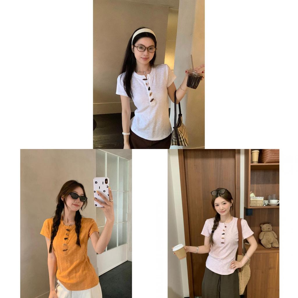 Polyester Short Sleeve T Shirt For Women With Solid Color And Button Design For Daily Wear