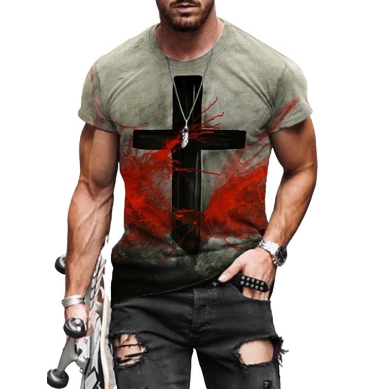 Nové letní pánské módní tričko Osobnost Vícebarevné pánské tričko s křížovým potiskem