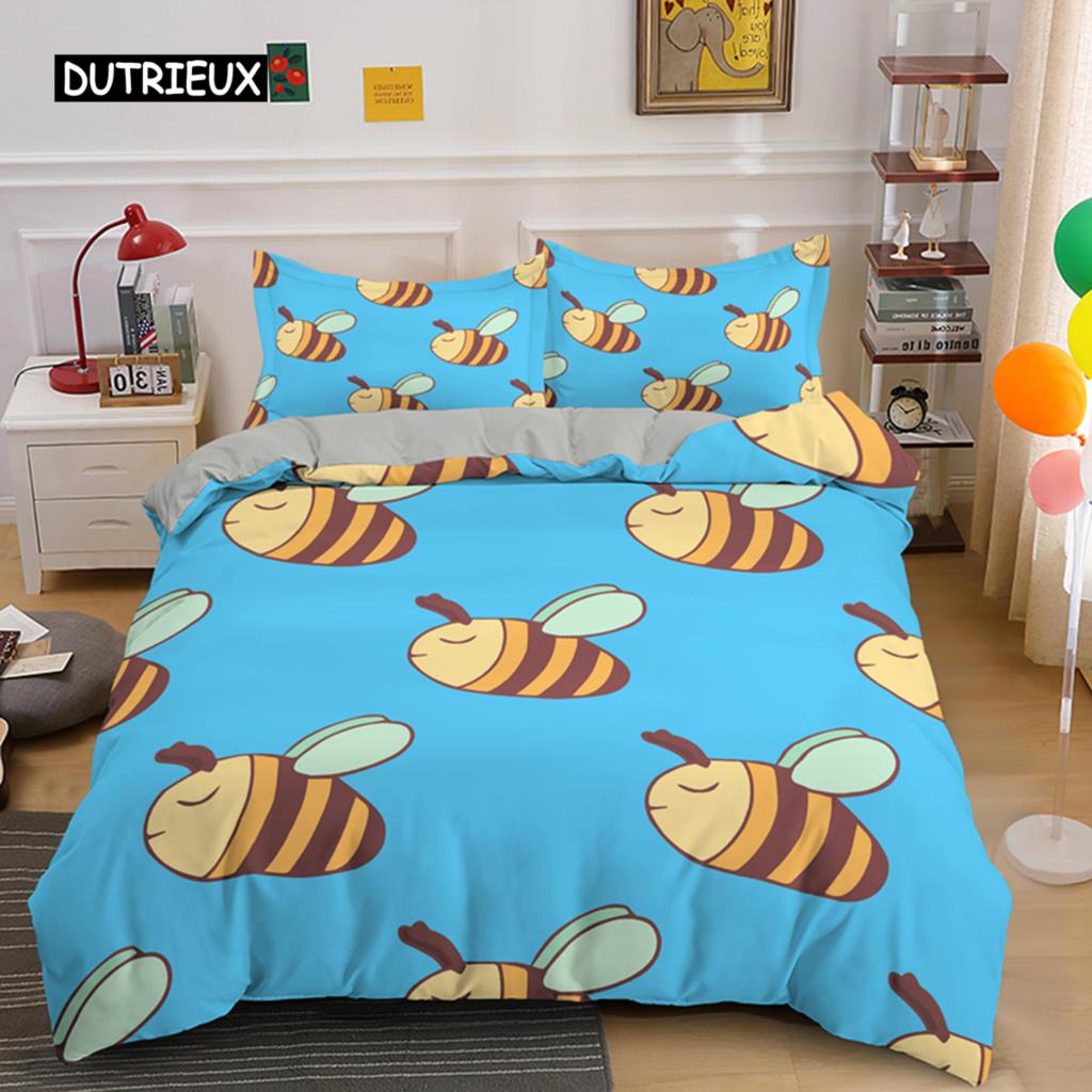 Süße Cartoon-Biene Bettbezug King Queen Honig Bettwäsche Set Kinder Jungen Mädchen Frühling Gelb Polyester Bettdeckenbezug