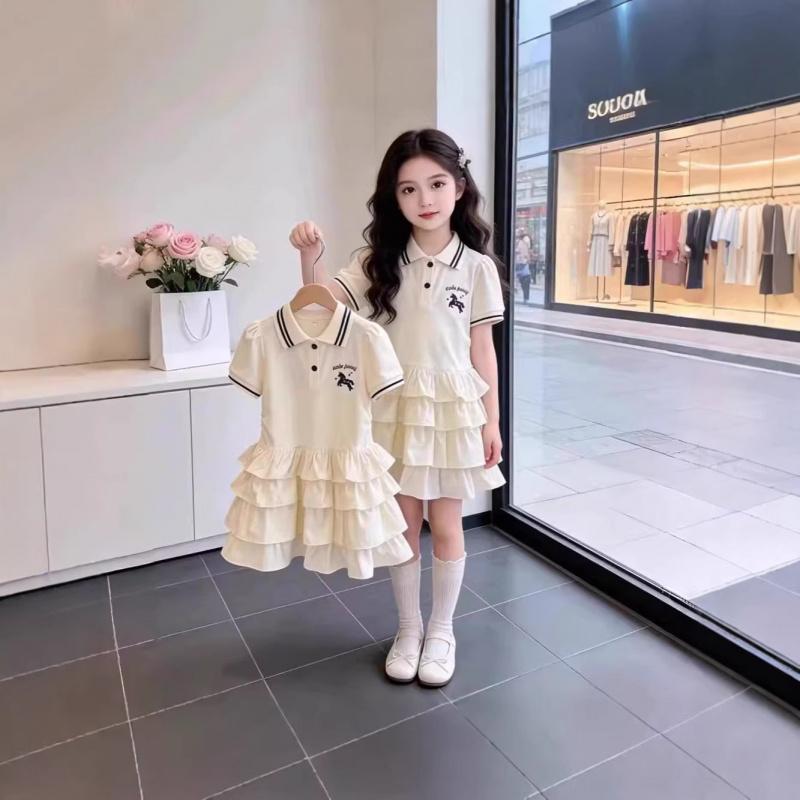 Girls' Summer Dress 2026 New Fashionable Summer Outfit For Older Children, Little Girl'S Princess Style POLO Collar Cake Dress