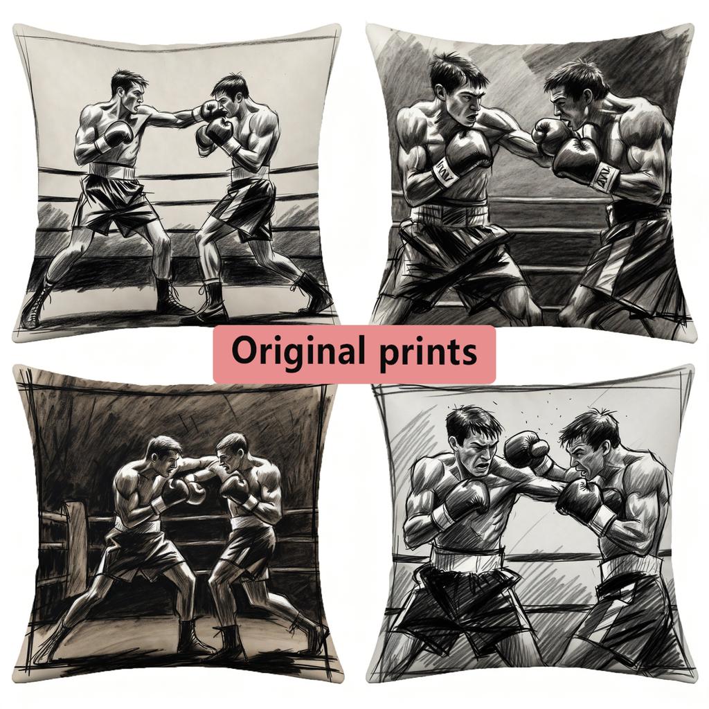 Vintage Sketch Boxing Match Throw Pillow Covers Pattern Cushion Cover Suitable for Sofa Bedroom Car Pillow Cover