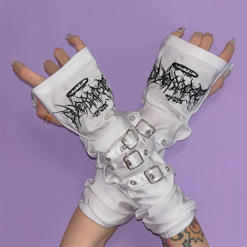 Gothic Lolita Embroidery Strap Black White Arm Sleeves Woman Japanese Style Adjustable Metal Buckle Punk Gloves Arm Cover