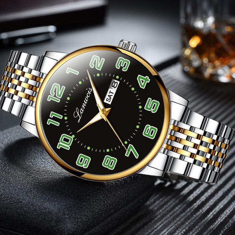 Men's Large Dial Digital Quartz Watch, Steel Band, Dual Calendar In English & Chinese, Waterproof - Ideal for Seniors