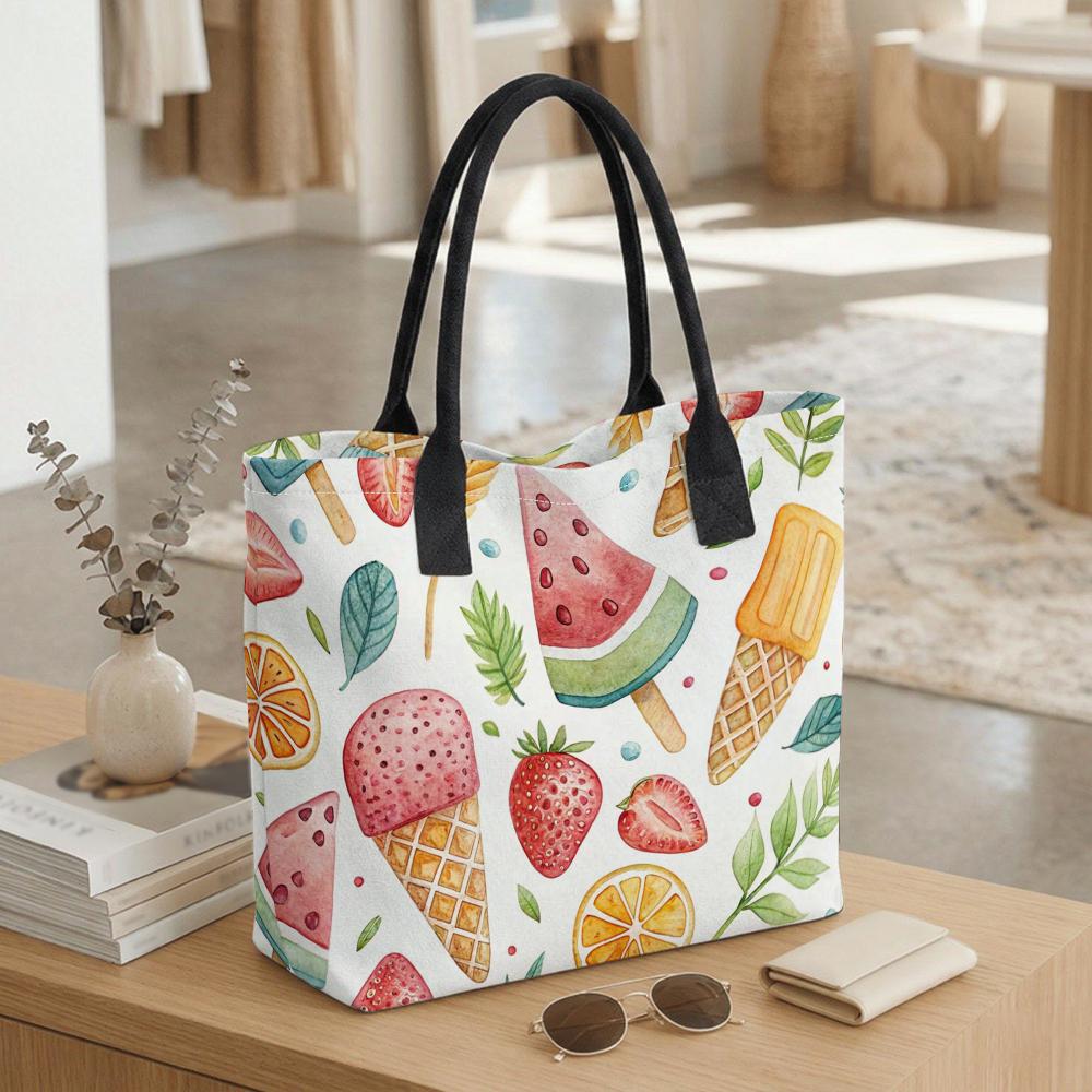 Summer Ice Cream Print Canvas Tote Bag Casual Large Capacity Shopping Handbag for Women Daily Use