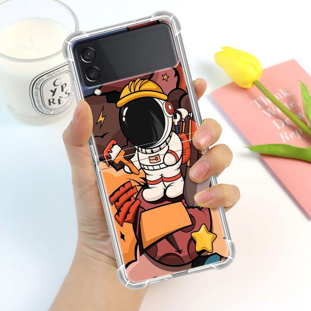 Luxury Case For Samsung Galaxy Z Flip 3 4 5G Funda Z Flip3 Clear PC Hard Shockproof Back Phone Coque Shell Astronaut Universe