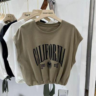 Women's European Style Sleeveless Cotton T-Shirt - Summer Waist-Cinching, Slim-Fit, Loose, Round Neck Top