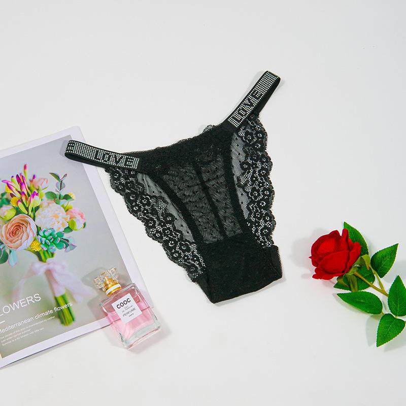 Hot Diamond Sexy Lace Underwear Women's Double Belt Thongs Diamond Decoration Hot Simple Breathable Hollow Lightweight Bikini Panties