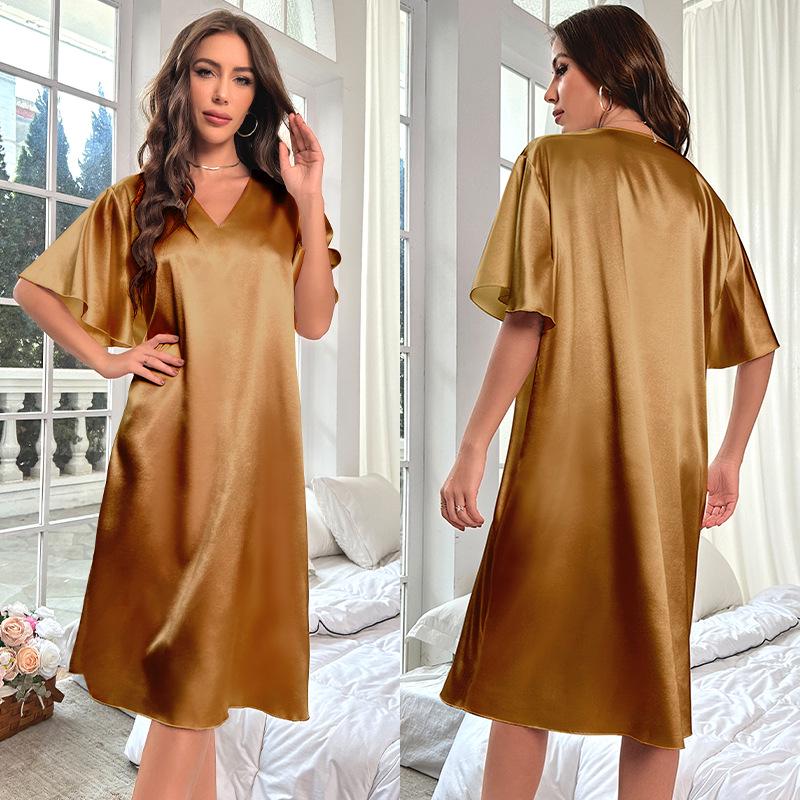 

Women s Plus Size Ice Silk Long Nightdress - Summer Cool, Thin Home Wear 1XL золотой/шампанского