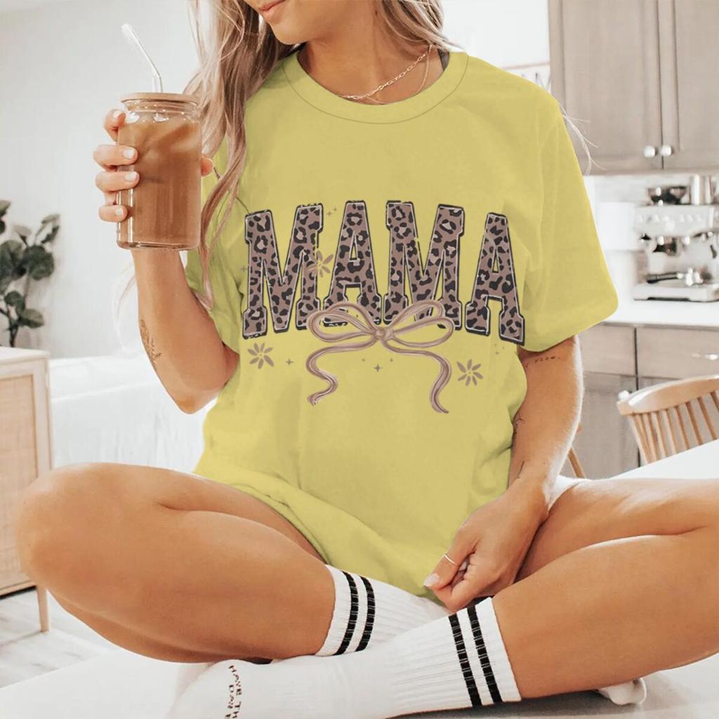 Coquette Bow Leopard Print Mama T Shirt Short Sleeve Womens Mom Life Shirt Casual Vintage Western Style Mama Tshirts