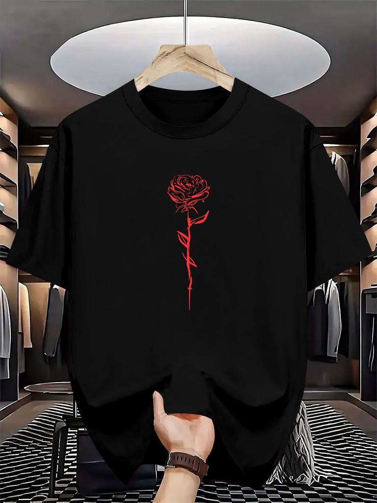 Unisex Summer White Short Sleeve T Shirt Minimal Red Line Art Rose Graphic Crew Neck Loose Casual Streetwear Daily Fashio Unisexs Tops