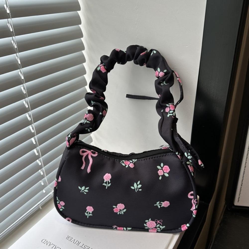 Sweet Flower Pleated Underarm Bag Bowknot Floral Shoulder Bag Simple Nylon Handbag  Gifts