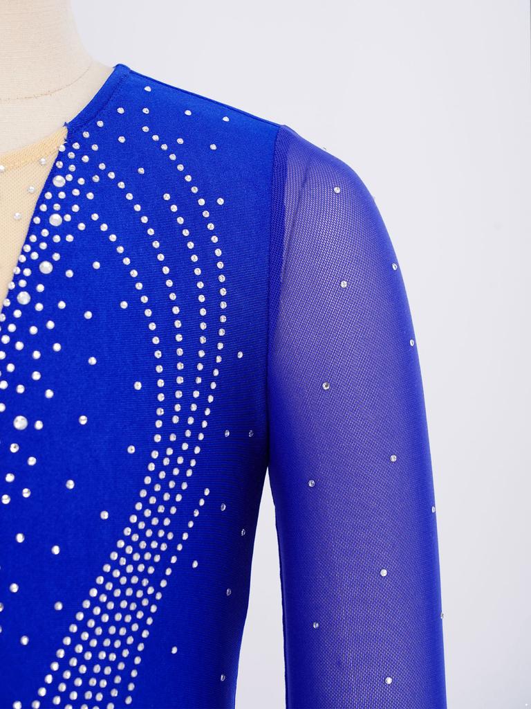 Girls Figure Skating Dance Dress: Long Sleeves Finger Holes Keyhole Back Mesh Patchwork Shiny Rhinestones Asymmetrical Hem