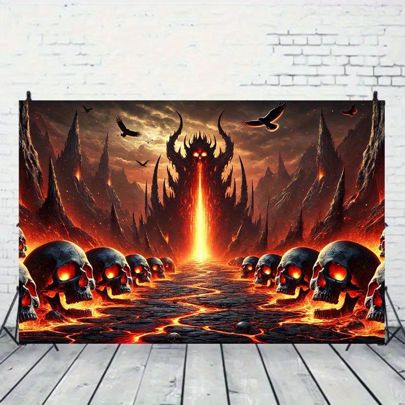2D flat banner 1 piece Large Hell Gate Background Cloth - Gothic-style Demon Theme Photography Background with Flames.PMJ