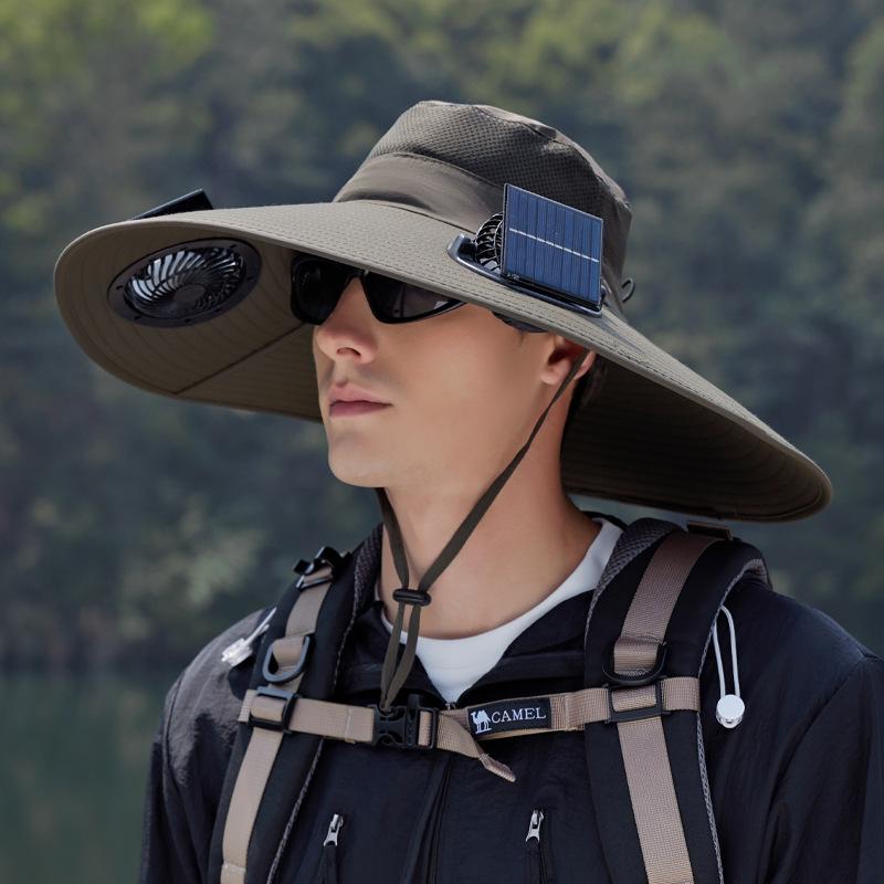 Wide Brim Solar Fan Outdoor Fishing Hat-Solar & USB Charging, Outdoor Sun Hat with Solar Fan with 2 Solar Fan