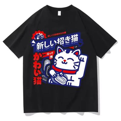 Japanische Maneki Neko Katze Druck Mode T-Shirts Streetwear Vielseitig Kurzarm Grafik Herren Damen Stilvoll Harajuku Unisex Oberteile