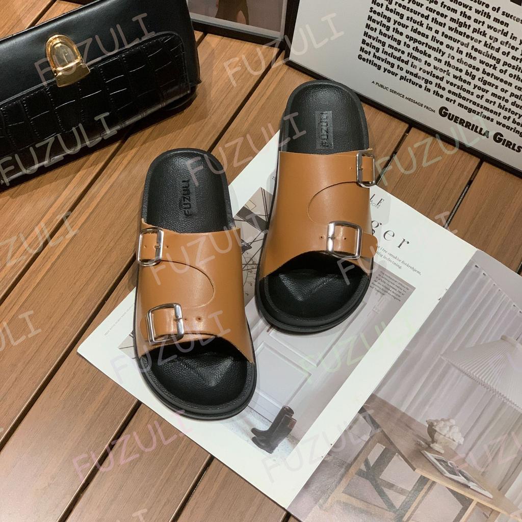 Summer One-word Slippers Women's Wear New Belt Buckle Fashionable Casual Sandals Thick-bottomed Comfortable Flat-bottomed Slippers