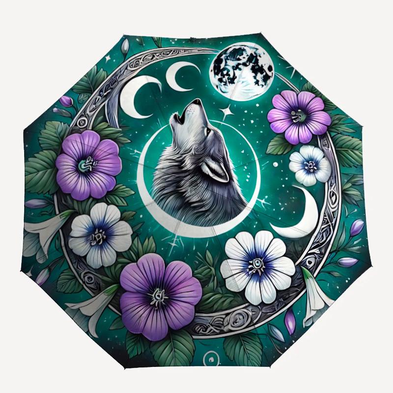 

1pc Wolf Moon Mandala Folding Umbrella, Durable, Suitable for Outdoor Activities or Rain, Suitable for Commuting yy251027121