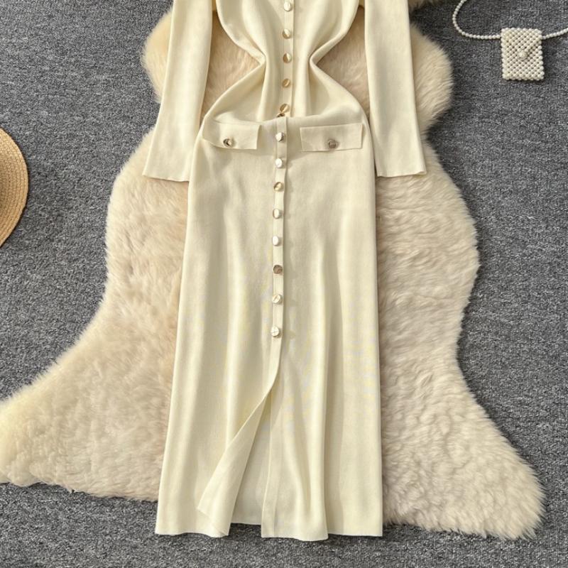Autumn Winter Women Casual O-neck Full Sleeve Knitted Sweater Long Midi Pullover Dresses