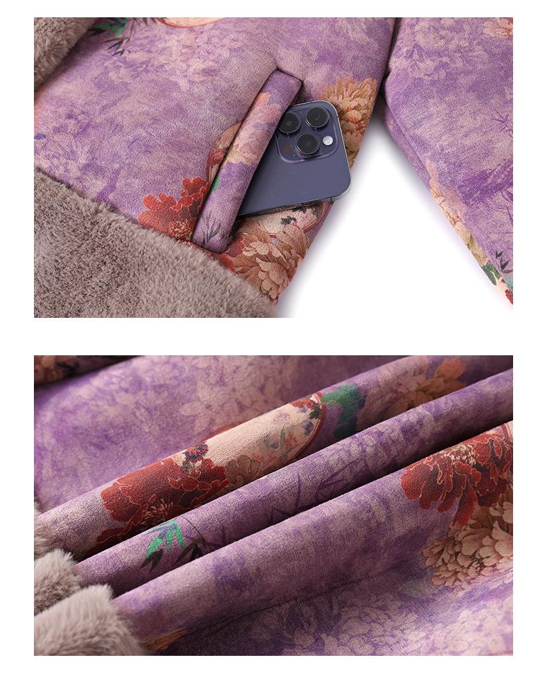 Velvet Plus Ancient Style Print Warm Jacket for Middle-Aged & Elderly Women - Winter Casual Wear