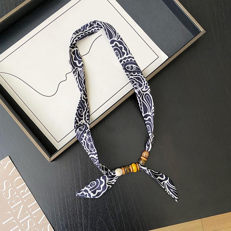 Retro Style Beaded Long Scarf Chain Necklace for Women Fashion Accessories Necklace Scarf Hijab Tie Bag Handle Ribbon Hairband