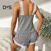 Damen Cami Pyjama Set Spitzenbesatz Tank Top und Shorts mit elastischer Taille Sexy V-Ausschnitt Ärmellos Nachtwäsche Lounge Homewear