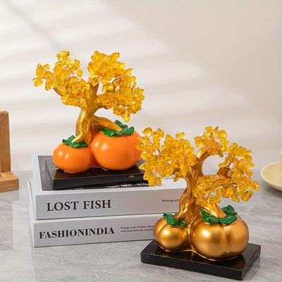Feng Shui Golden Crystal Gemstone Money Tree with Dragon Basin Citrine Tree Hanging Lucky Cold Coin Bonsai Style Decoration Desk