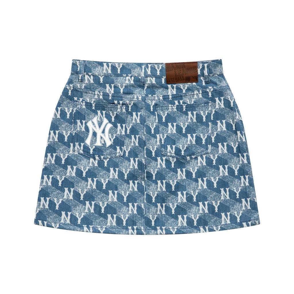 MLB New York Yankees Geometric Pattern Printed Straight Leg Button Mid Waist A-Line Casual Skirt Women skirts Sky-Blue 3FDSM0333-50SBL