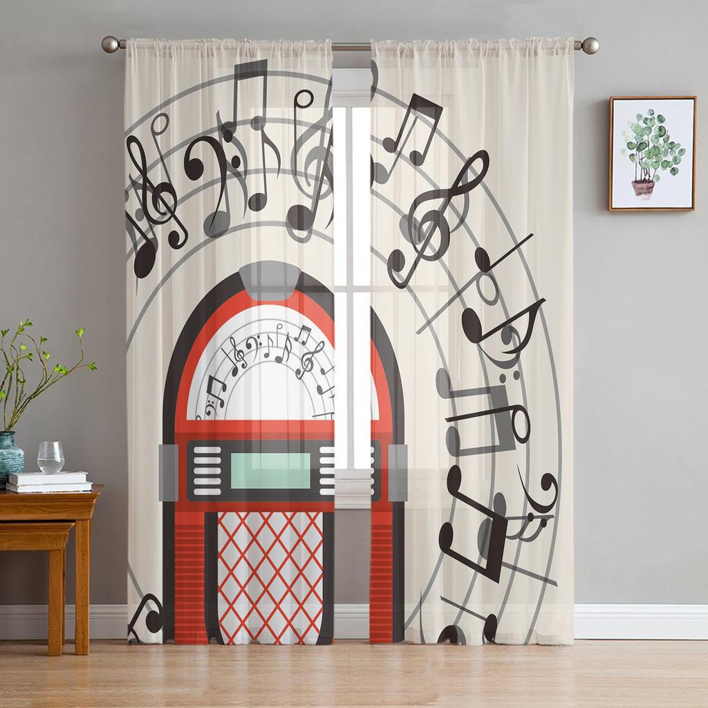 Retro Music Poster With Vinyl Gramophone Chiffon Sheer Curtains for Living Room Bedroom Window Curtain Voiles Tulle Cortinas