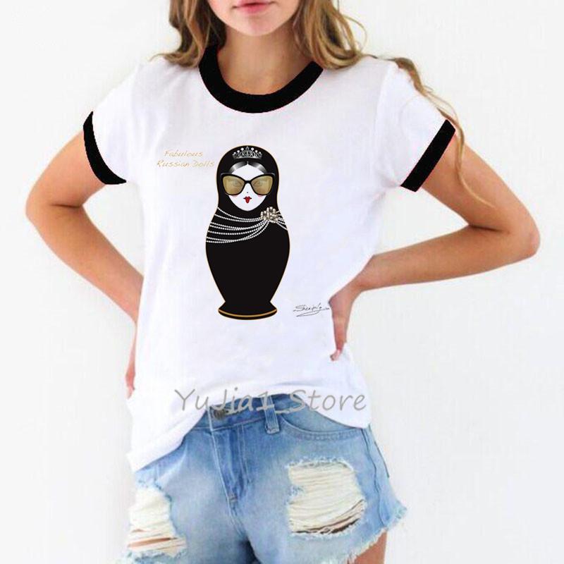 

Retro T-shirts, women s clothing, fun nesting doll pearl T-shirts, women s Harajuku cute street style clothing XXS