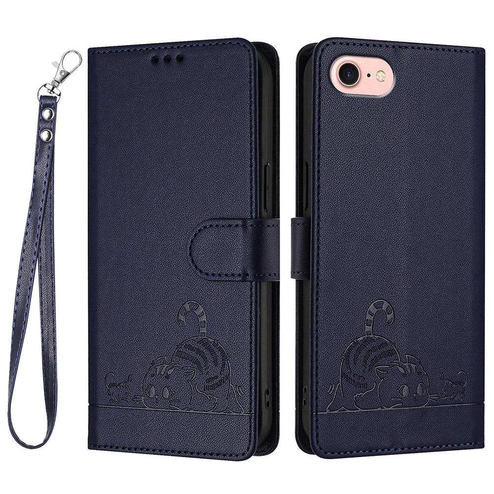 For iPhone SE (2020)/(2022)/7/8 Case with Strap RFID Blocking Leather Wallet Phone Cover Cat Mouse Pattern