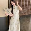 Chinese Gentle Style Retro Sweet Button Up Dress for Women's Summer Oversized Cheongsam with Waistband Tie Up Long Skirt