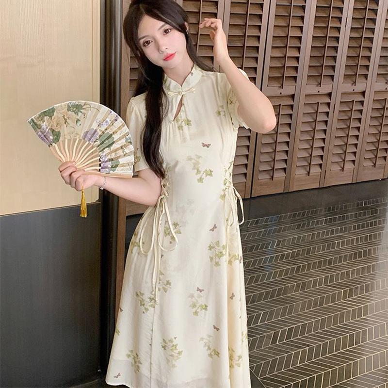 Chinese Gentle Style Retro Sweet Button Up Dress for Women's Summer Oversized Cheongsam with Waistband Tie Up Long Skirt