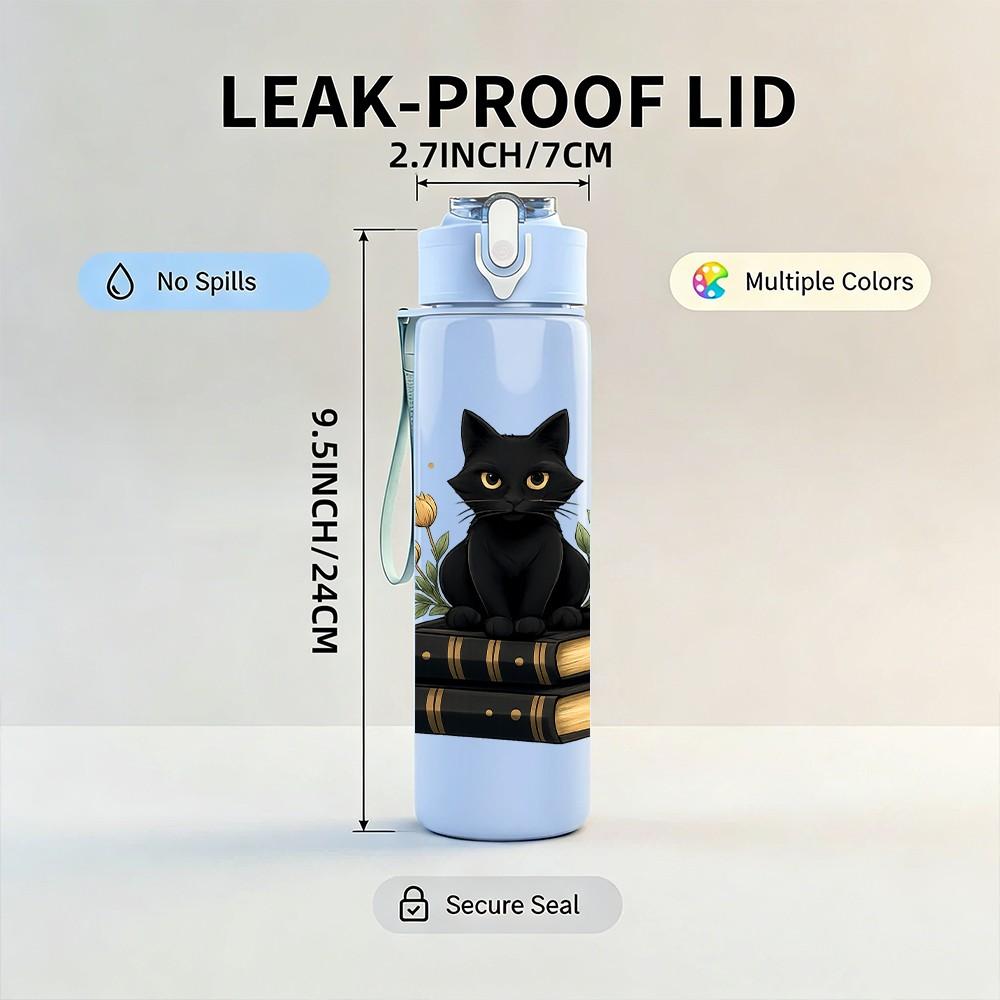 1PC Black Cat Stacked Books Art 750ml Color Plastic Sports Water Bottle Leakproof Flip Straw Lid Suitable for Sports Office Home Use