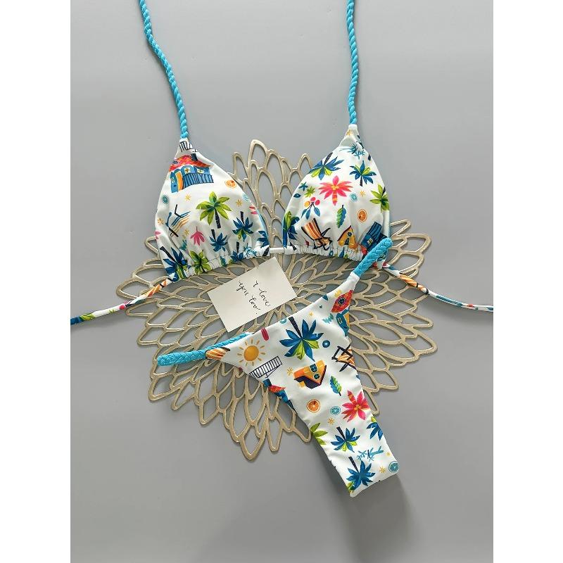 Colorful Dopaamine Print Three-Point Bikini Sexy Active Split Women s Swimsuit Cross-Border New Arrival Swimwear Set XS бежевый