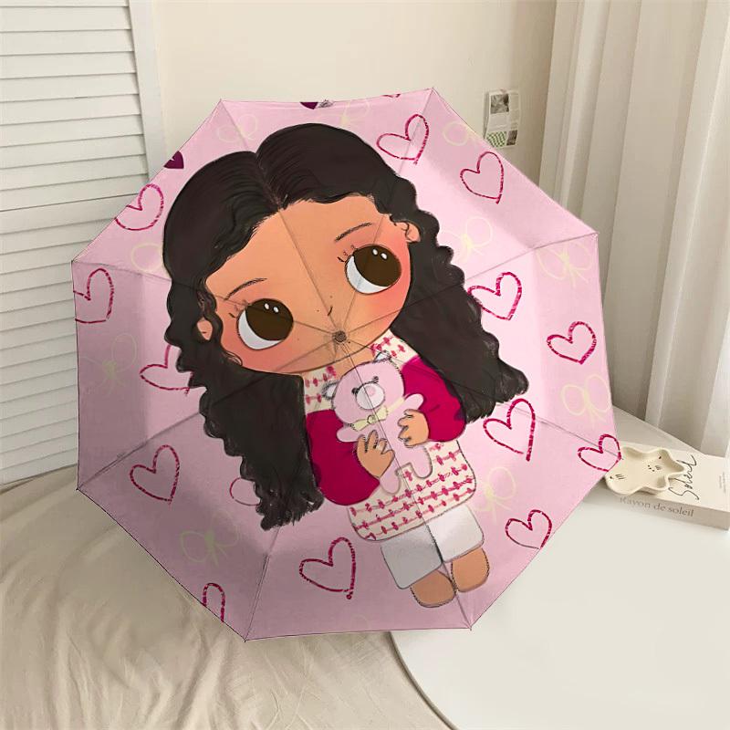 Chibi Girl with Teddy Bear Heart Print Umbrella: Automatic Opening & Closing, Outdoor Protection, Lightweight and Durable Travel Accessory 191