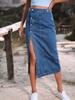 Damen High Waist Midi Rock Gerader Schnitt Seitlicher Knopfschlitz Eleganter Britischer Stil Jeansrock