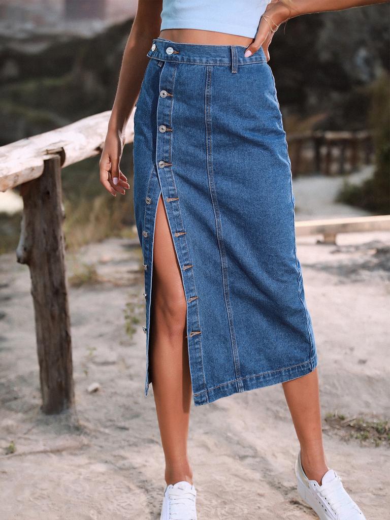 Damen High Waist Midi Rock Gerader Schnitt Seitlicher Knopfschlitz Eleganter Britischer Stil Jeansrock