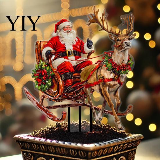 Christmas Garden Stakes Santa Claus Stake, Acrylic Yard Sign, Retro Style Outdoor Decor Reindeer Sleigh Ornament for Lawn Patio Planter Winter Accents