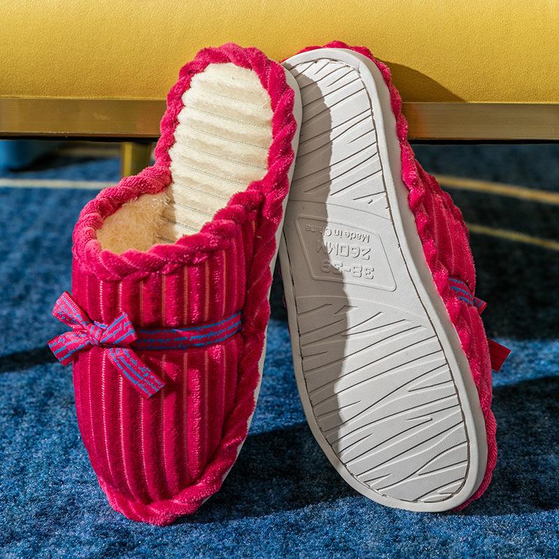Bow Cotton Slippers Women and Men Winter Couples Home Non-slip Fluffy Warm Floor Mop Corduroy Slippers Batch