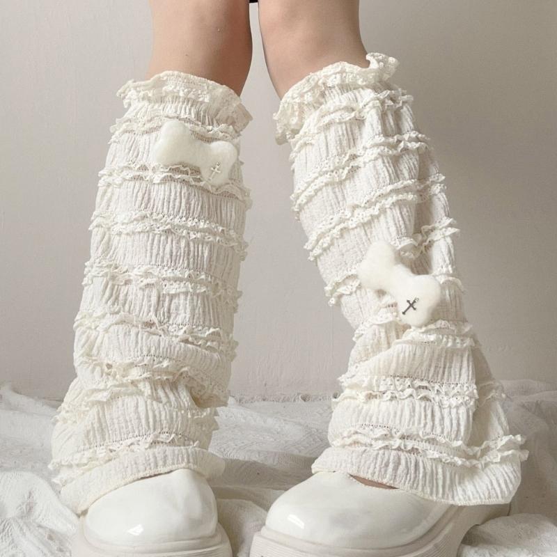 Japanese Tiered Ruffle Lace Leg Warmers for Women and Teens Knee Length Flared Leg Covers for Cosplay and Daily Wear