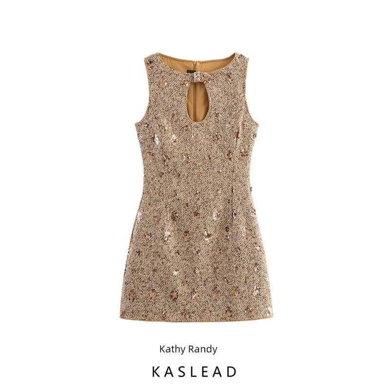 Kaslead New Women Clothes Western Style Fashion Simple Slimming Sequin Graceful Dress