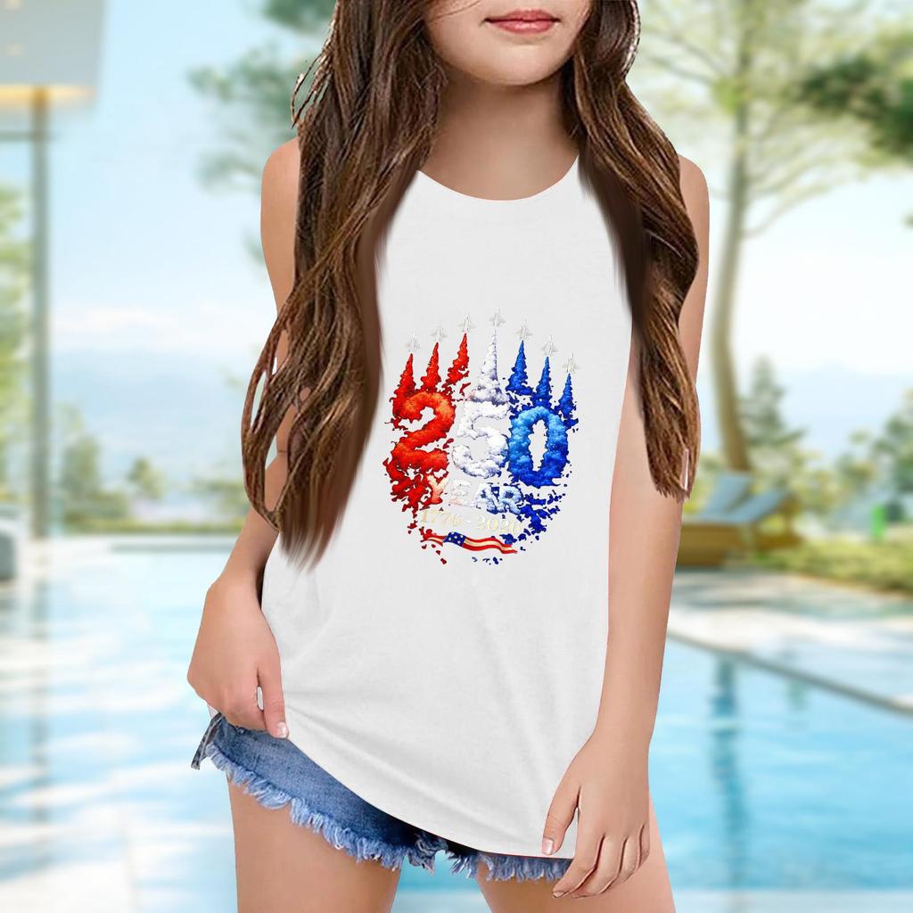 Girls  Kids Summer Crewneck Sleeveless Shirts Tank Tops Independence Day