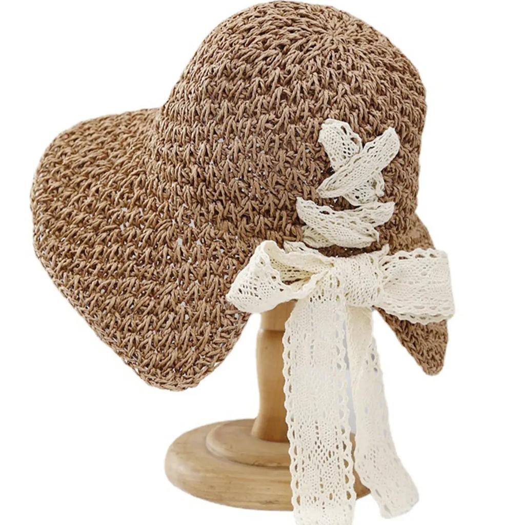 Women's Straw Panama Sun Hat with Lace-Up Bow & Ponytail Hole - Wide Brim Foldable UV Protection Bucket Hat for Beach Travel