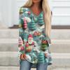 Ladies' Fashionable Casual Christmas Printed T-shirt Long Sleeved V-neck Mid Length Top