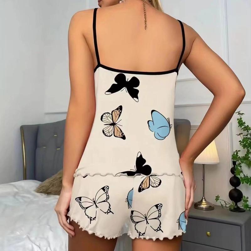 Women's Pajama Set Butterfly Print Sleepwear Summer Sleeveless Cami Tops & Shorts Pyjama Pjs Suit Soft  Home Clothes Loungewear