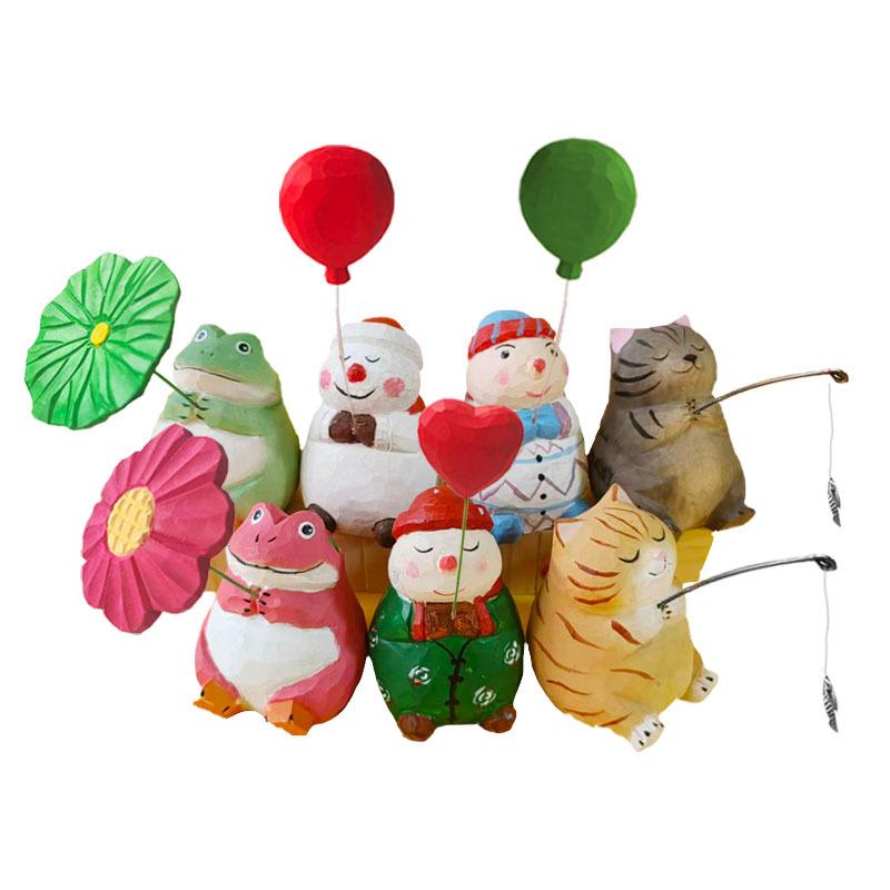 Handmade Solid Wood Animal Figurines: Kitten, Chick, Elephant, Snowman