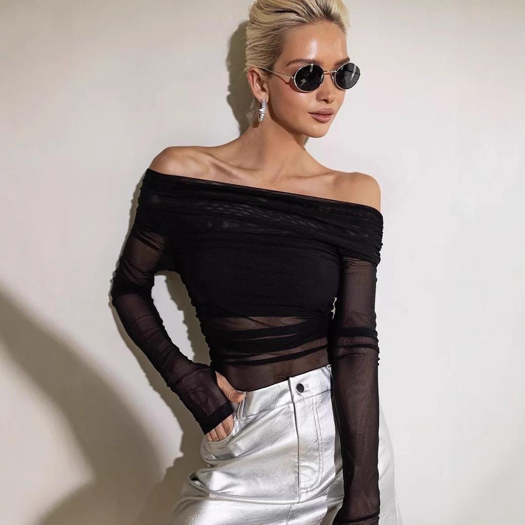 Tooxika Spring And Autumn Women's New Solid Color Slim Fashion One-shoulder Neck Mesh Long-sleeved Top