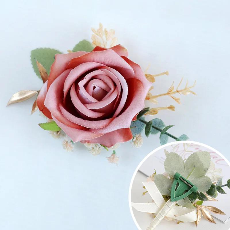 6pcs White Pink Corsage and Boutonniere Set Artificial Rose Wristlet Suit Flower for Men Wedding Party Prom Decoration