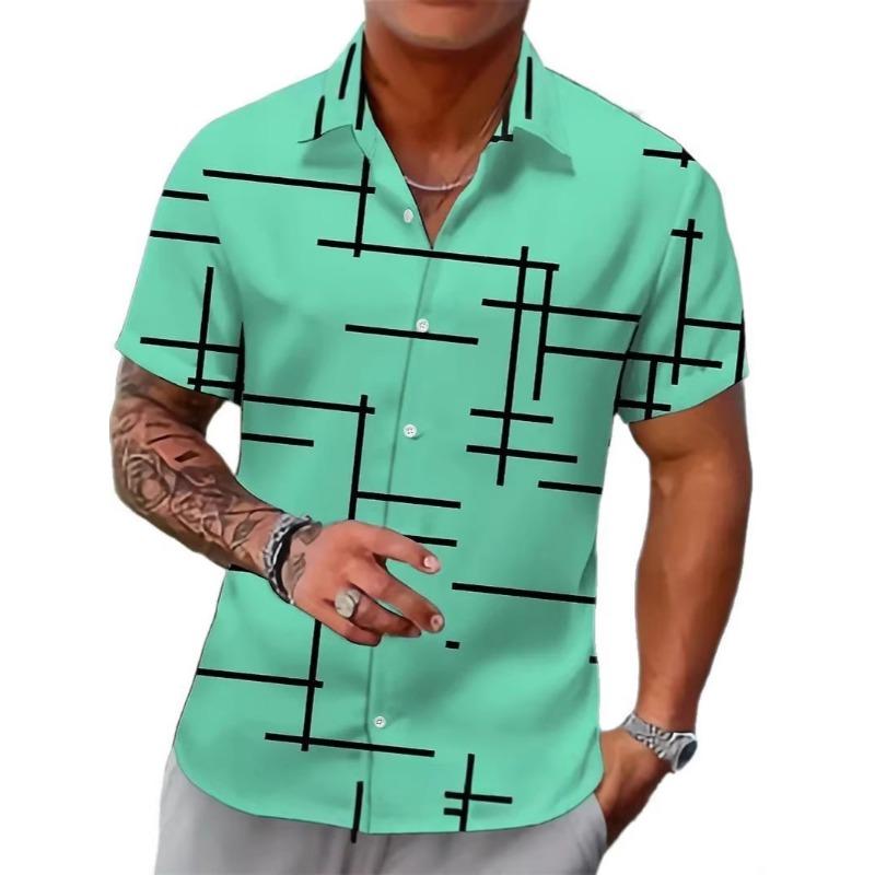 Herrsvart Abstrakt Linjetryck Kubansk Krage Kortärmad Sommar