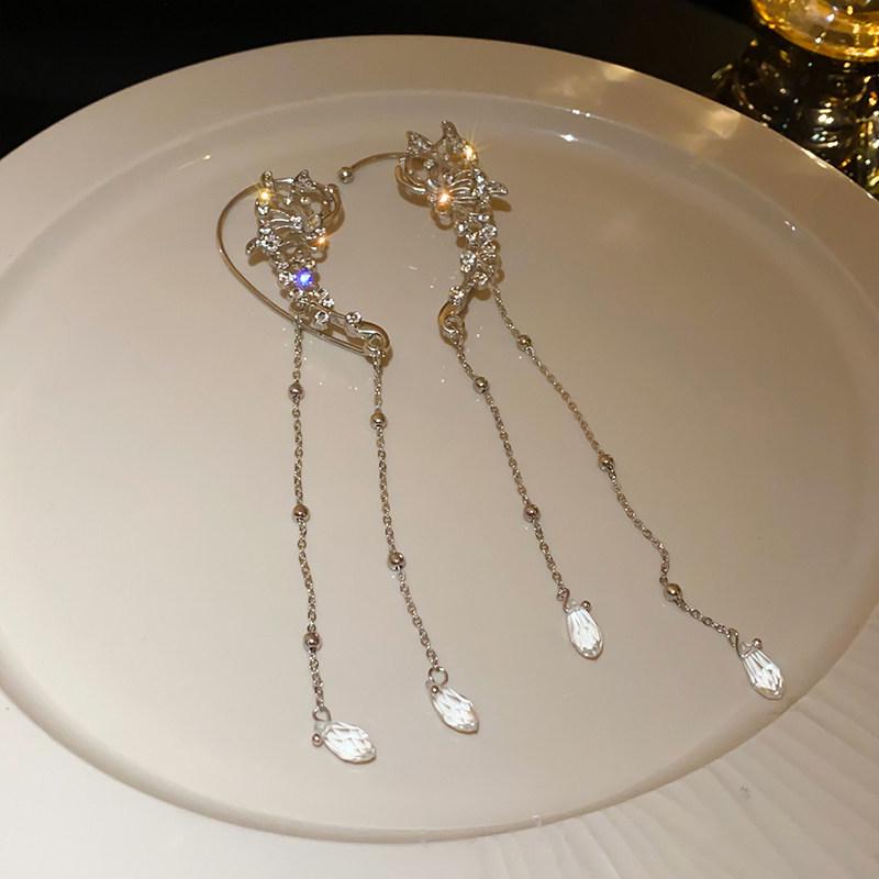 Elegant Rhinestone Flower & Water Drop Tassel Earrings - High-End Fashion Ear Cuffs